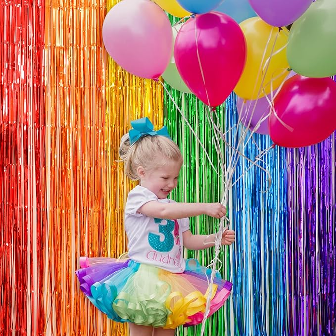 LOLStar Rainbow Photo Booth Props 4 Packs Rainbow Party Decorations 13.2x6.6 ft Foil Fringe Curtains Tinsel Metallic Streamers Holiday Backdrop for Birthday Easter Engagement Bridal Shower Pride