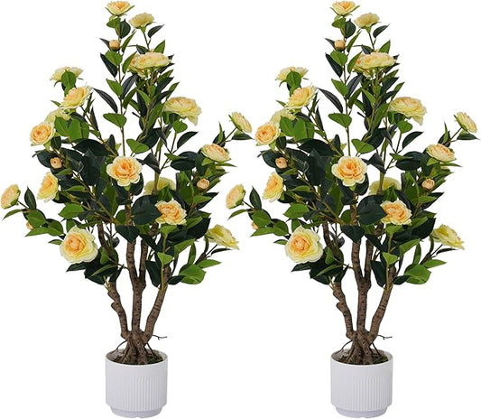 2 Pack Artificial Camellia Tree with White Pot, 38" Faux Potted Plants for Indoor Outdoor Decor, Tall Silk Greenery Plant for Home Offce Living Room Balcony, Yellow
