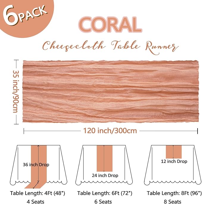 6 Pack Coral Cheesecloth Table Runner 10Ft Spring Gauze Cheese Cloth Table Runner 35x120 Inch Boho Sheer Rustic Fabric for Holiday Party Decor Baby Shower Wedding Decorations