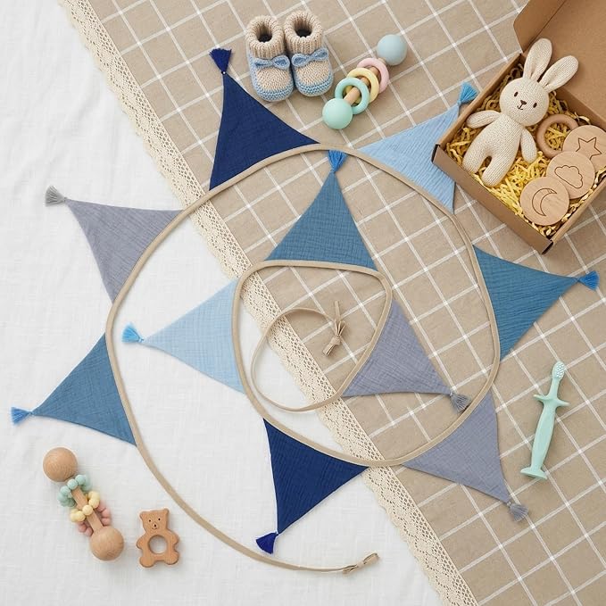 Fabric Bunting Banner, 2 Pack Handmade Neutral String Banner with Tassel Each 8.5 ft 10 Flags Nursery Wall Hanging Wedding Birthday Home Baby Shower Party Decoration Bunting (Blue 2 Packs)