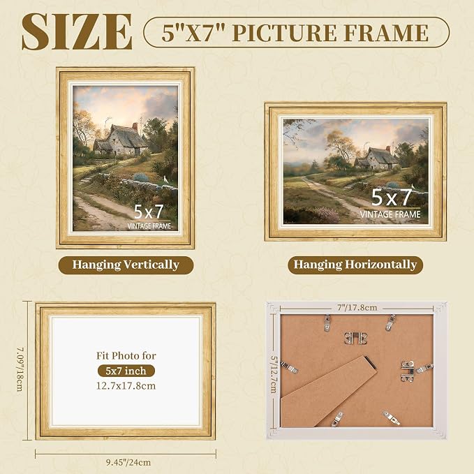 5x7 Picture Frame, Rustic Wood Style - Wall Mounting Horizontal and Vertical Display 4x6 Picture with Mat or 5 x 7 Poster without Mat for Living Room, Bedroom, Office Décor