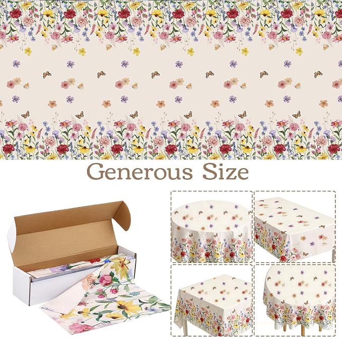 Kochorie 100 Ft x 54 Inch Spring Floral Tablecloth Roll Plastic Flower Tablecloth Roll Wildflower Butterfly Disposable Table Cover for Spring Tea Party Supplies Birthday Wedding Party Decorations