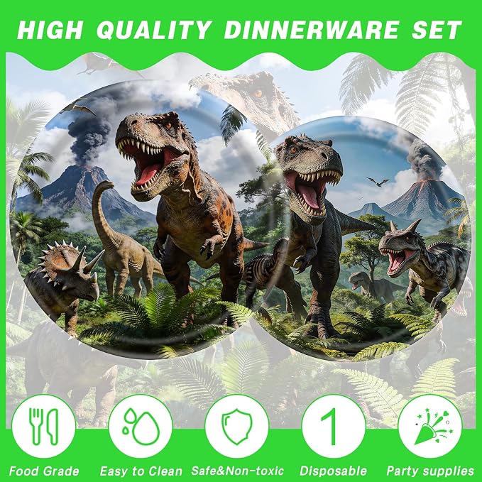 140PCS Dinosaur Party Birthday Supplies, Heavy Duty Oil-Proof Waterproof Paperware for Kids Dinosaur Theme Party, Disposable Dinosaur Tableware Set for 20 Guests Birthday Party