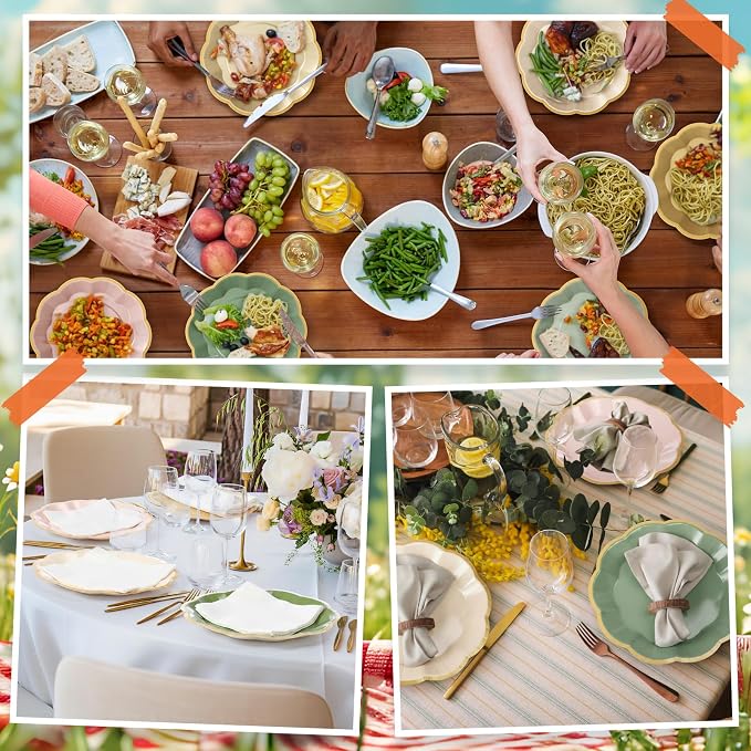72 Pcs Pink and Green Paper Plates 9 Inch Sage Pink Beige Yellow Gradient Scalloped Paper Disposable Dinner Dessert Plates for Jungle Safari Birthday Wedding Bridal Party Supplies, 6 Colors
