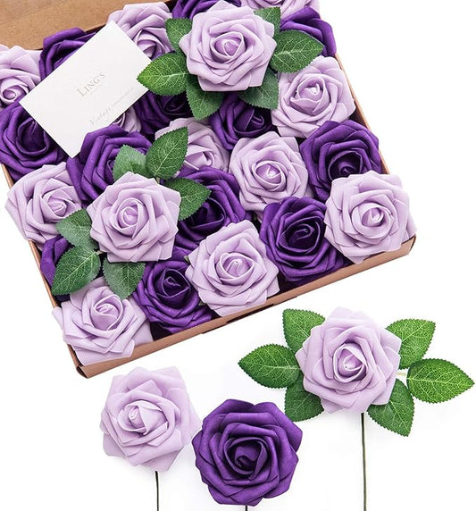 Ling's moment Artificial Flowers 25Pcs Purple Roses Decor w/Stems,3" Real Touch DIY Foam Floral for Wedding Bouquet/Centerpieces, Outdoors Party Backdrop, Room/Table, and Garden/Pot Decorations