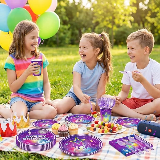 168pcs Kpop Birthday Party Plates Napkins Purple Magical Music Party Supplies Disposable Tableware Set Dance Birthday Decorations for Girls Serve 24 Guests
