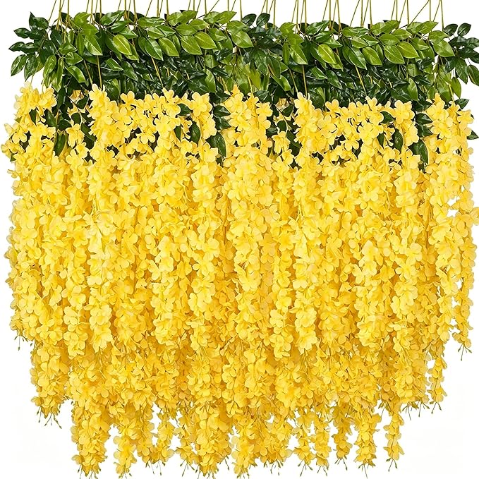 Artificial Wisteria Hanging Flowers Fake Wisteria Flower Garland Silk Vines Rattan Decor for Home Wedding Arch Wall Garden Greenery Bedroom Outdoor Office Party Decoration (24, Yellow)