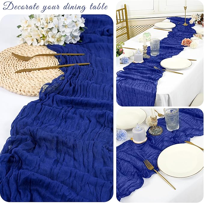 10 Pack Cheesecloth Table Runner 17 x 108 inch Long Boho Gauze Table Runners Semi Sheer Table Runner for Wedding Decor, Baby Shower, Birthday Party, Banquet (Royal Blue)