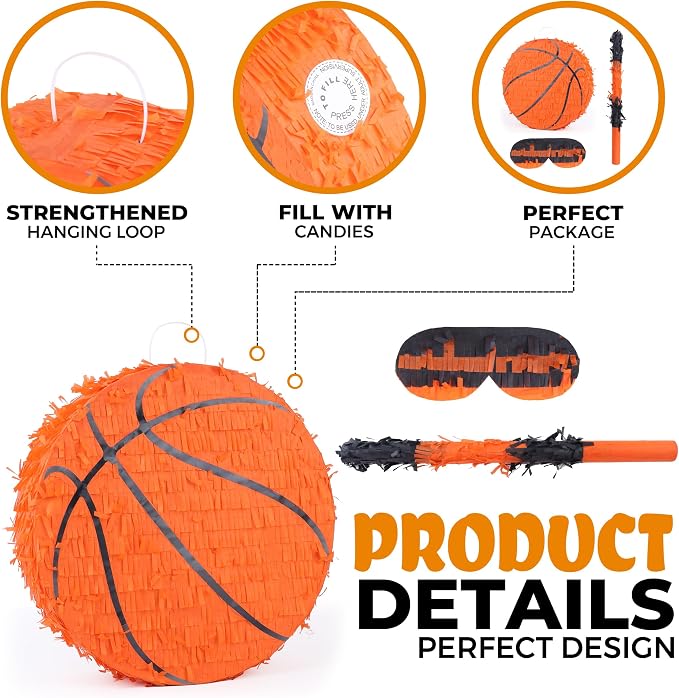 Basketball Pinata Bundle with a Blindfold and Bat(13 x 13 x 4 Inches),Soccer Ball Pinata for Birthday Party Boys, Perfect for Birthday Party, Sport Theme Party, Decoration