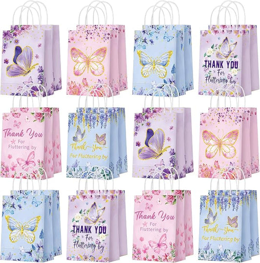 Outus 24 Pcs Summer Butterfly Party Favors Bags Butterfly Goodie Gift Paper Bags with Handles Purple Blue Pink Thank You Candy Treat Pouch for Wedding Baby Shower Birthday Party Decoration Supplies