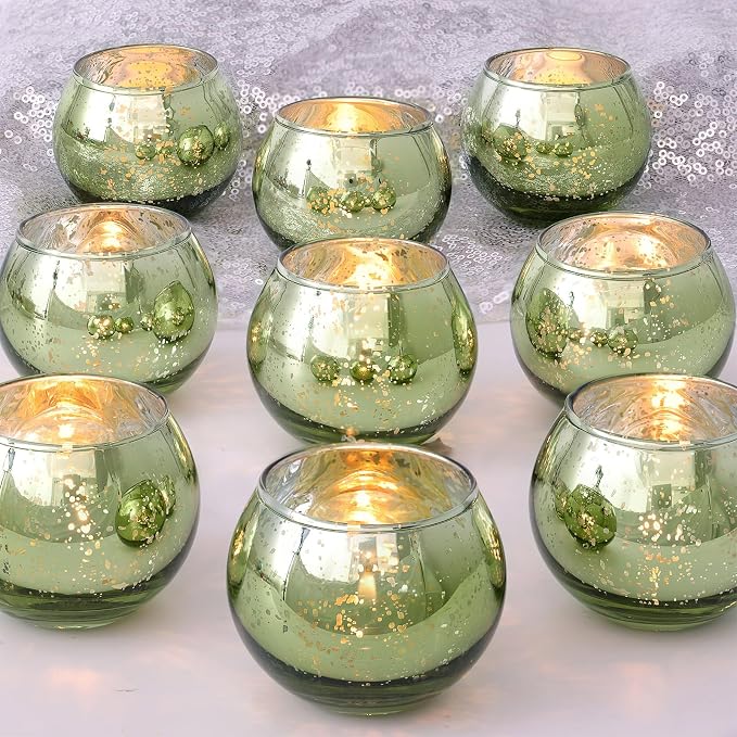 12 Pcs Green Candle Holder for Wedding Decor- Sage Green Mercury Glass Votives for Bridal Shower, Tea Party Table Centerpieces, Vintage Rustic Wedding