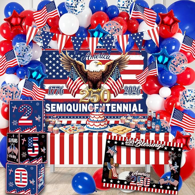 170Pcs 250th Anniversary Decorations, ALL-IN-1 Patriotic Party Supplies Red White Blue Balloon Arch American 250 Decorations Backdrop for 4th of July Independence Day Semiquincentennial Celebration