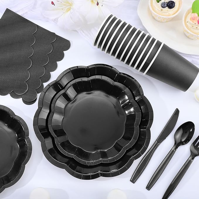 175 Pcs Black Plates and Napkins Set, 25 Guest Black Party Supplies Include 9" Dinner Plates and 7" Dessert Plate Paper Napkins Cup Disposable Plastic Cutlery for Wedding Birthday Graduation Party
