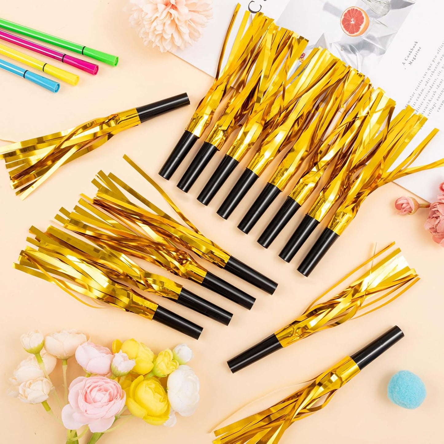 36 Pcs Noise Makers Birthday Blowers Glitter Metallic Fringed Party Blow Horns for Birthday Baby Shower Wedding Graduation Sporting New Year Party Favors Supplie（Gold）