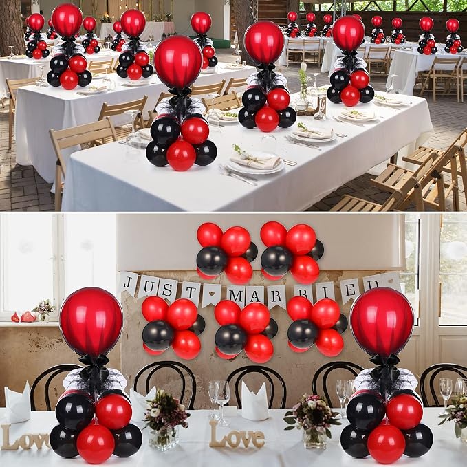 BBTO 8 Set Black and Red Table Centerpieces Balloons Stand Kit, Latex Balloons and Table Stand Holder with Base Tulle for Wedding Birthday Grad Prom Centerpieces Party Back to School Baby Shower