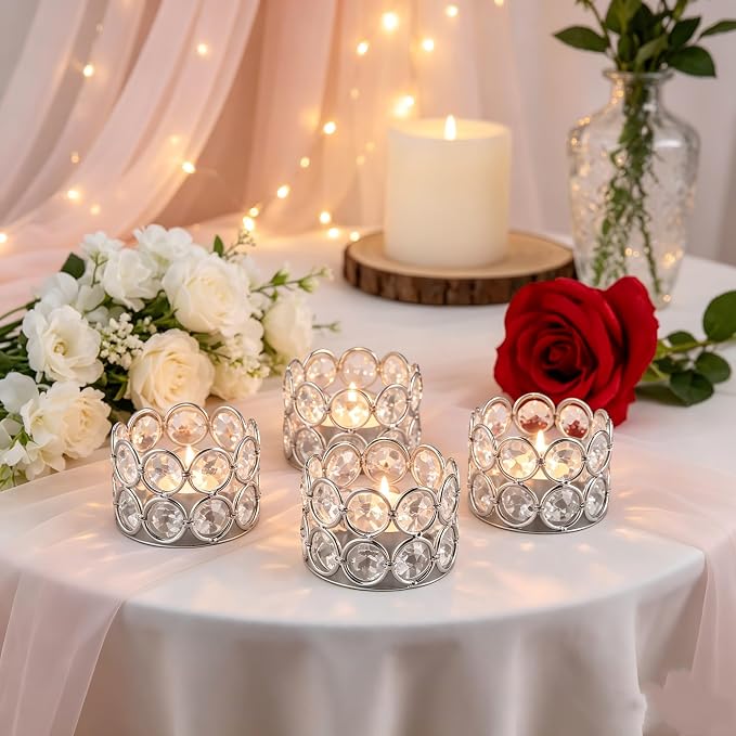 Silver Decorative Crystal Tealight Candle Holders Set of 24 for Wedding Dinning Table Centerpieces,Gifts for Valentine's Day Easter