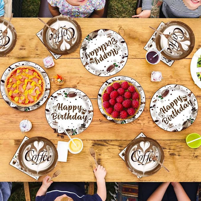 Grencian 96Pcs Brown Coffee Happy Birthday Party Decorations Supplies Coffee Theme Plates and Napkins Latte Art Disposable Tableware Set for Cappuccino Lover Adult Birthday Party Decorations Serve 24