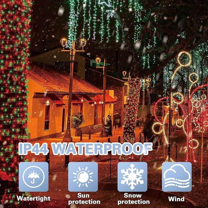 LAMPHOME Red and Green Christmas String Lights, 100 LED 33 FT Christmas Lights Outdoor Waterproof Connectable String Lights Clear Wire with 16 Modes, Xmas Vintage Decorations for Party Yard Garden
