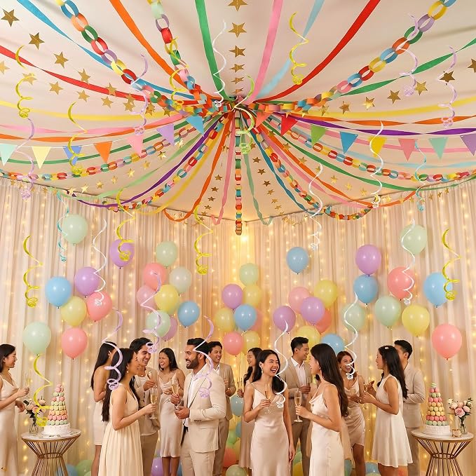 345pcs Colorful Birthday Decoration Fancy Paper Chains Crepe Paper Streamers Pennant Banner Flags Gold Star Garlands Hanging Swirls Pastel Balloons for Wedding Graduation Birthday Baby Shower Decors