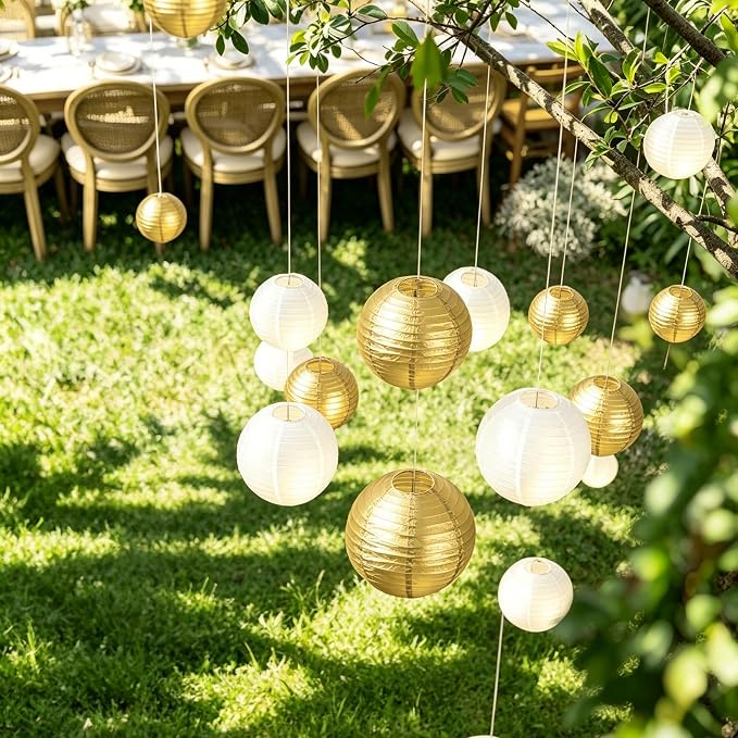 20Pcs Paper Lanterns Decorative, Gold and Ivory Round Hanging Paper Lanterns Decorations for Rustic Party Bridal Shower Wedding Birthday Party Supplies