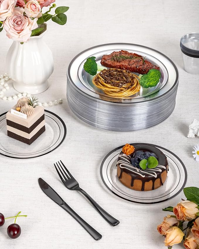 Goodluck 350 Pcs Clear Black Disposable Plastic Party Plate Cup Napkin Sets | Dinnerware Sets Include 100 Plates, 50 Pack Pre Rolled Napkins with Silverware, 50 Cups for Wedding, Graduation, Halloween