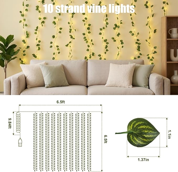 Bexdir 200 LED Curtain Vine Lights for Bedroom Decoration, 6.6x6.6ft Pre-Assembled Hanging Fake Vines with Fairy Lights USB Powered, Aesthetic Artificial Watermelon Lights for Room Wall Decor