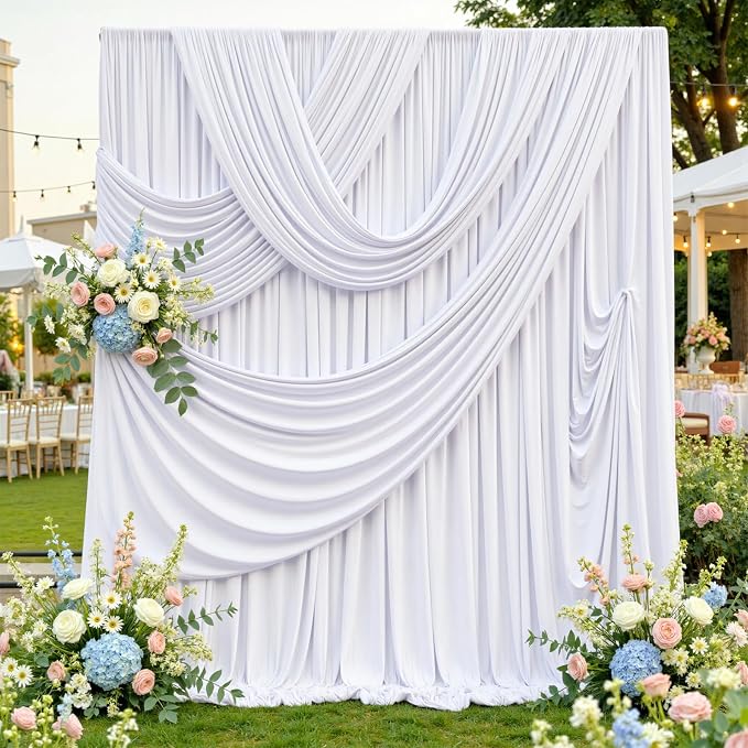 50ftx12ft Wrinkle Free White Backdrop Curtain, 10 Panels 12FT Height White Drapes for Wedding, Silky Polyester Photo Back Drop Cloth Draping for Birthday Party Photography Background