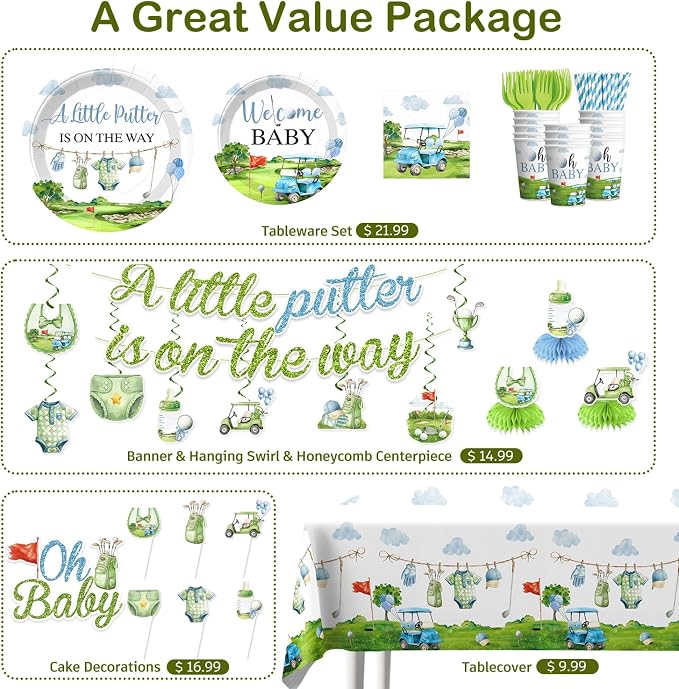 Golf Baby Shower Decorations for 25 Guests, 191PCS Blue and Green Baby Shower Decorations Boy All-in-one Set with Banner, Balloons, Plates, Cake Topper, Napkins, Tablecloths–Easy Assembly