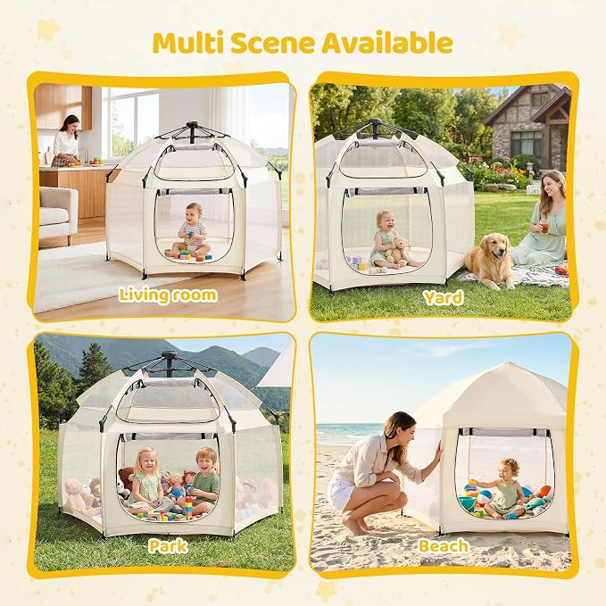 Dripex Pop Up Playpen w/t Built-in Pad & One-Click Safe Lock, Foldable Indoor/Outdoor Baby Playpen w/t Removable Canopy &Roll-Up Door & Top Mesh Window, Travel Pop and Go Beach Play Pen for Baby Beige