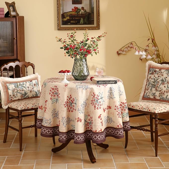 patdrea Vintage French Linen Tablecloth,Round,Diameter 67"-NewMari | Elegant Printed Table Cloth for Round Table,Red Floral Patterned,Dining Room Kitchen Tea Party Decoration,Durable