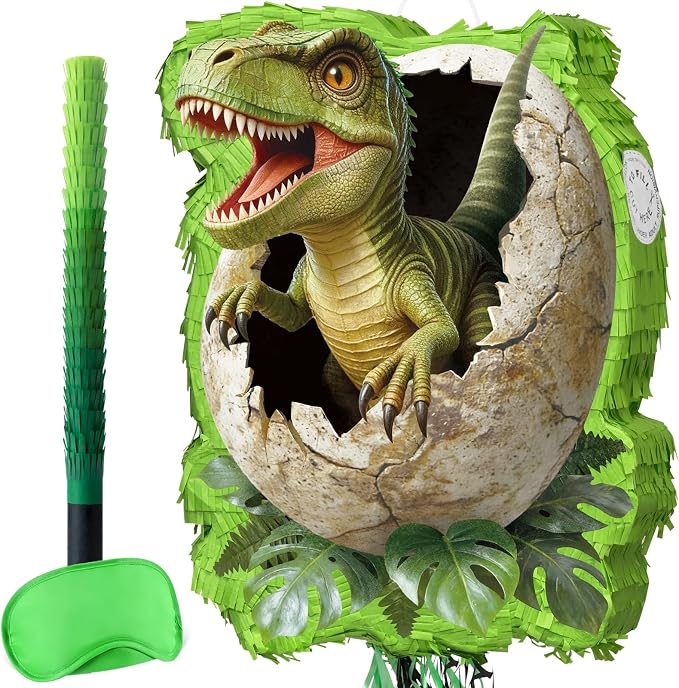 WERNNSAI Dinosaur Egg Piñata - Trex Piñata with Blindfold and Bat for Boys Kids Dinosaur Birthday Party Supplies Realistic Green Rex Dino Jungle Party Decoration