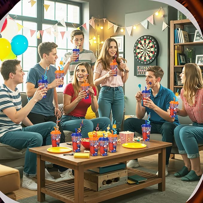 Yungyan 36 Sets Dart Battle Party Favors Goodie Cups with Lids and Straws for Birthday Decorations Reusable 16oz Plastic Candy Cups Plastic Straws for Birthday Party(Dart Battle)