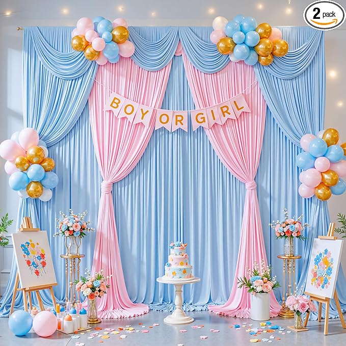 10x8ft Blue Pink Photo Backdrop Curtains for Gender Reveal Wrinkle Free Polyester Photoshoot Curtains Drapes Backdrop for Baby Shower Boy or Girl Birthday Party Photography Background 2 Panels 5x8FT