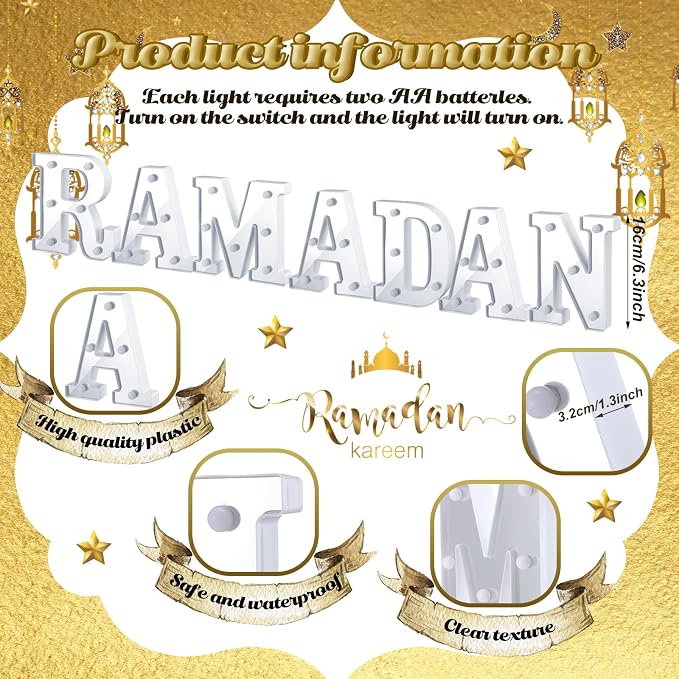 7 Pieces Large Ramadan LED Letter Lights Sign Ramadan Eid LED Marquee Lights Table Decoration for Eid Home Party Gift Tabletop Decoration
