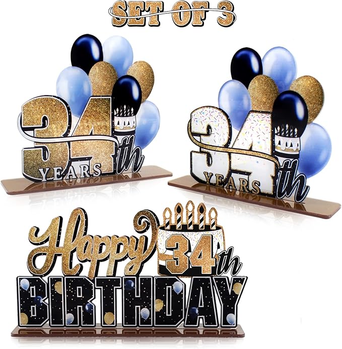 LINGTEER Happy 34th Birthday Gold Acrylic Table Topper Centerpieces Set - Cheers to 34 Years Old Birthday 34th Bday Party Gift Decorations.