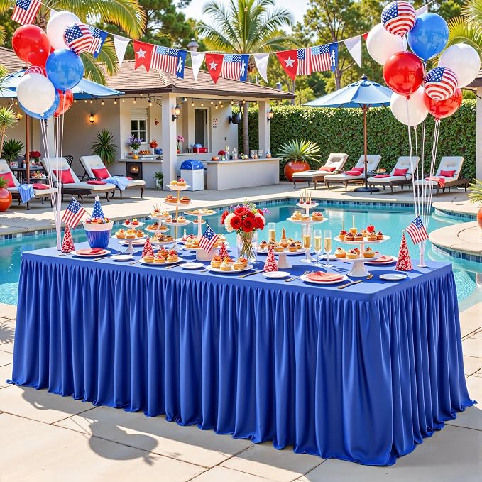 PARTISKY 2 Pack Royal Blue Tablecloths for Rectangle Tables 8ft, Wrinkle Resistant Spandex Table Cover Fitted Stretch Table Cloth with Pleated Ruffle Skirts for Party Banquet Dining Birthday Wedding