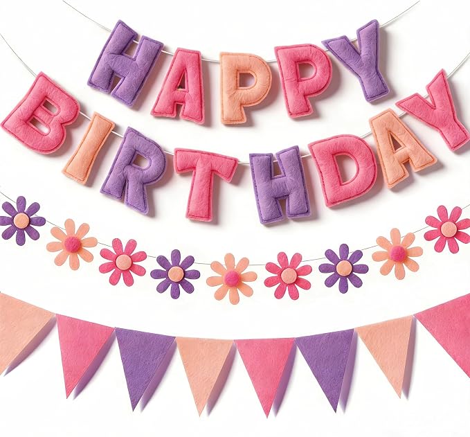 YEOCU Happy Birthday Decorations, No DIY, Pre-Strung 3D Banner | Pink&Purple, 3D felt banner, flower garland & flags. No DIY, reusable for kids & women.