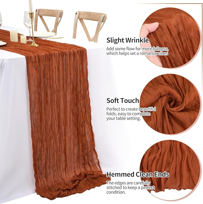 16 Pack 10Ft Cheesecloth Table Runner Terracotta, 20 x 120 Inch Rustic Gauze Boho Cheese Cloth Table Runners Wedding Long Table Runner for Wedding Party Bridal Shower Table Decoration