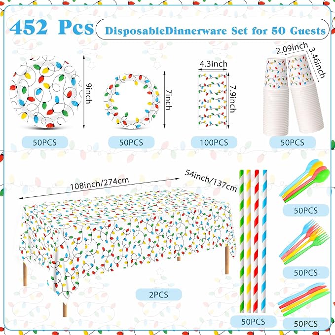 Funnymoom 452 Pcs Christmas Party Decorations for 50 Guests, Colorful Christmas Lights Paper Plates Napkins Cups Tablecloth Cutlery Straws Disposable Tableware Set for Xmas Holiday Party Supplies