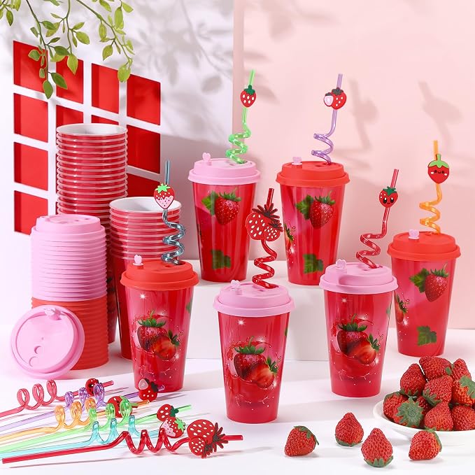 Maxcheck 36 Sets 16 oz Strawberry Party Favors Goodie Cups with Colorful Lids and Straws for Birthday Decorations Reusable Plastic Candy Cups Bulk Plastic Straws for Birthday Party Celebration Gifts