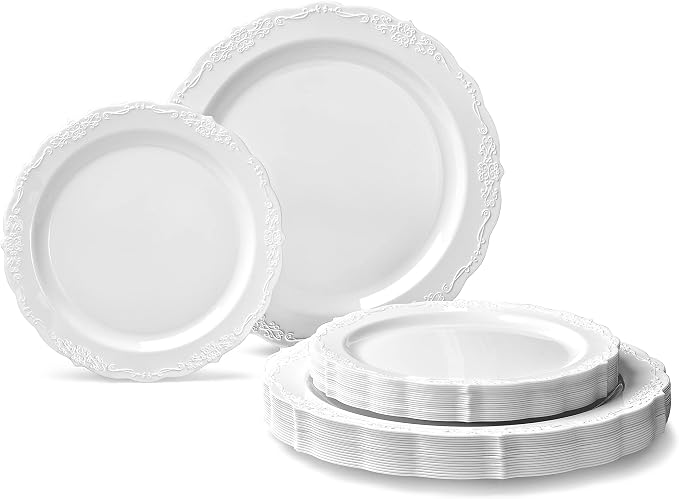 OCCASIONS Scalloped Ivory Disposable Plates for Wedding Party, 25 Guests (50 Pc) – Heavy Duty Fancy Plastic Dinnerware Set, 10" Dinner & 7.5" Salad/Dessert, BPA Free, China-Like Look, Verona in White