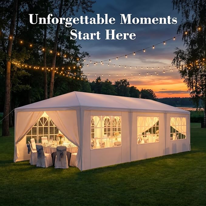 10x30 Canopy Tent for Parties, Heavy Duty Waterproof Outdoor Tent with 8 Detachable Sidewalls & Window Panels, Large Event, Wedding & Backyard Shelter, Commercial & Personal Use, White