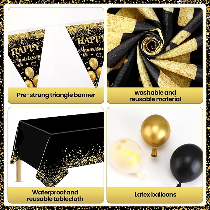 Black and Gold Happy Anniversary Decorations for Men Women, Black Gold Wedding Anniversary Party Decorations Banner, Porch Banner, Triangle Flag, Tablecloth and Balloons Kit Party Supplies