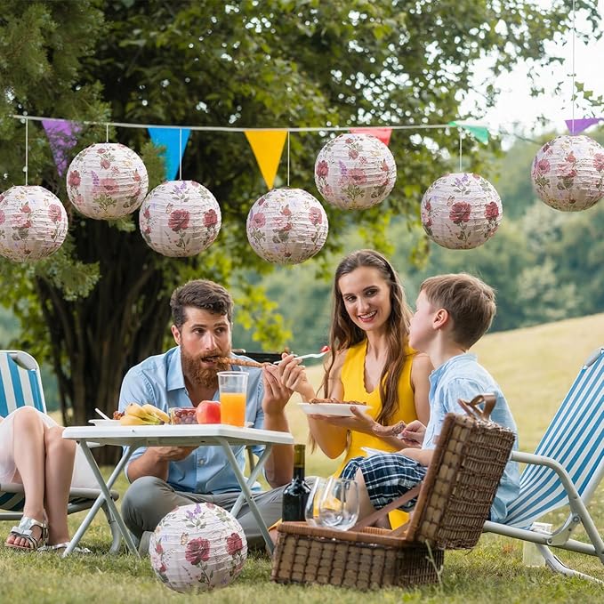 Honoson 12 Pcs Red Rose Paper Lanterns Spring Floral Party Decorations Hanging 10 Inch Chinese Lanterns for Wedding, Bridal Shower, Baby Shower, Tea Party Decorations
