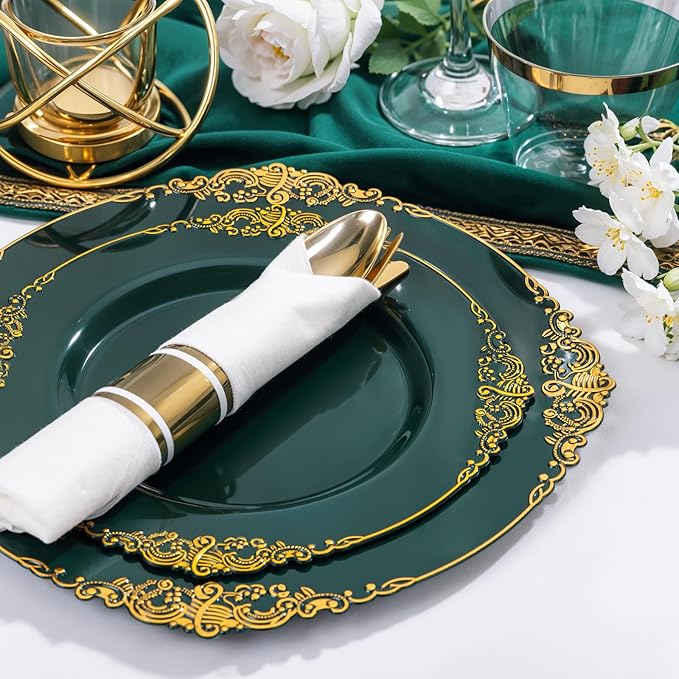 Nervure 100Pcs Green and Gold Plastic Plates - 7.5inch Green Disposable Plates - Heavyweight Gold Plastic Plate - Dessert Plate for Wedding & Party