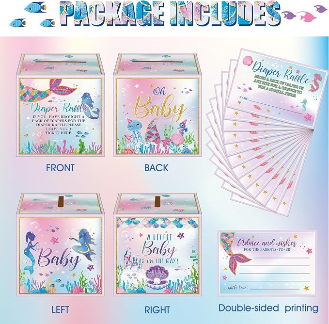 Teling 51 Pieces Diaper Raffle Tickets with Card Box Baby Shower Decorations Baby Shower Holder Box for Girl Boy Diaper Raffle Party(Mermaid)