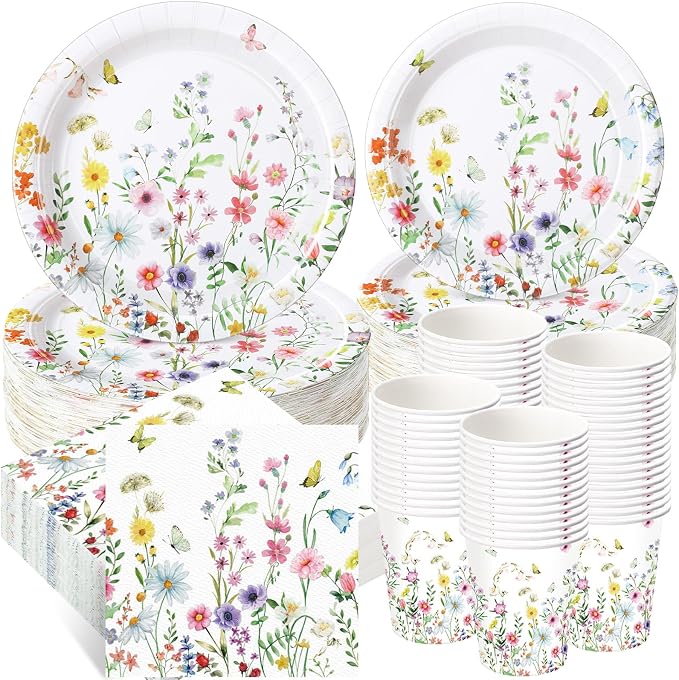 Ziliny 250 Pcs Wildflower Party Decorations Include Spring Summer Floral Paper Plates Napkins and Cups for Wildflower Baby Shower Tea Decorations, Serve 50 Guest(Vivid, Blossom Style)