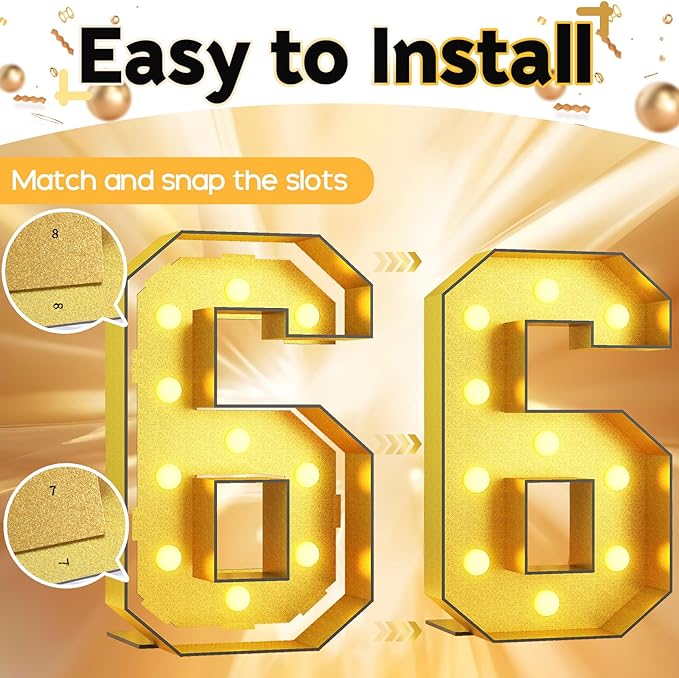 Number 6 Marquee, 4FT Light Up Numbers Gold Large Light Up Numbers Mosaic Number for 6th Birthday, Giant 4 Feet Tall DIY Frame Pre-Cut Foam Board Kit for Graduation Anniversary Party