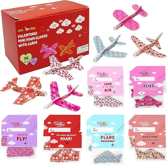 4E's Novelty 36 Pack Valentines Day Foam Airplanes Gliders with Valentines Cards for Kids Boys Girls, Individually Wrapped, Classroom Exchange Prizes Gifts Party Favor Toy Bulk