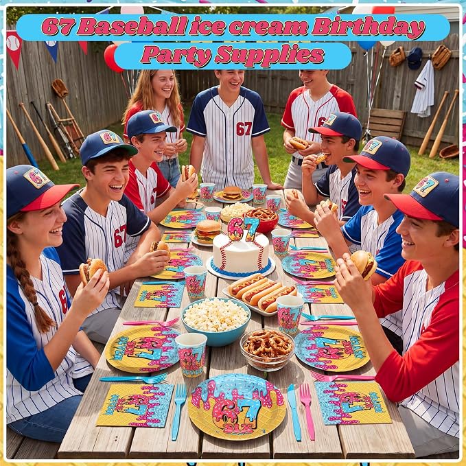 FoldTier 350 Pcs 67 Meme Party Supplies Plates Napkins Fork Paper Cup Ice Cream Disposable Six Seven Themed Tableware Set 6 7 Meme Birthday Party Decorations for Guest Dinner Serves 50